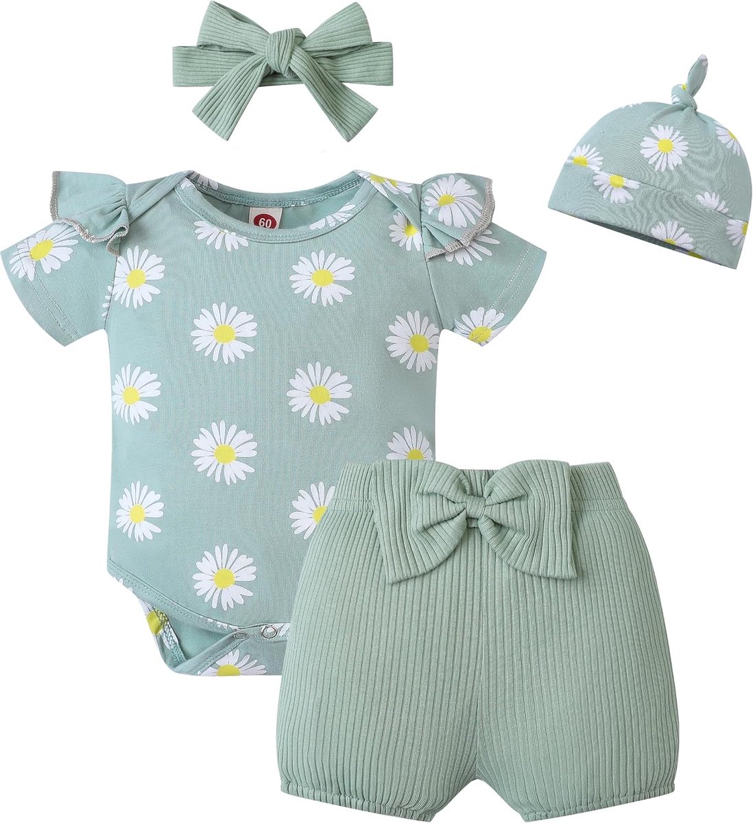 Babykleding voor vroeggeborenen, zomer, set voor baby's, pasgeborenen, als cadeau voor pasgeborenen, meisjes, korte mouwen, met ruches, broek, strik, haarband voor lente - 12 maanden