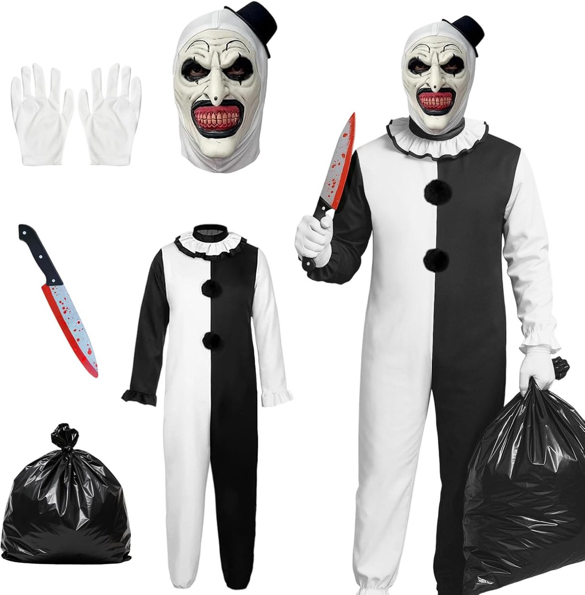 Art The Clownskostuum, terrifier stijl clownkostuum, griezelig moordenaarskostuum, met masker, nepmes, voor cosplay, Halloween, carnaval, feest