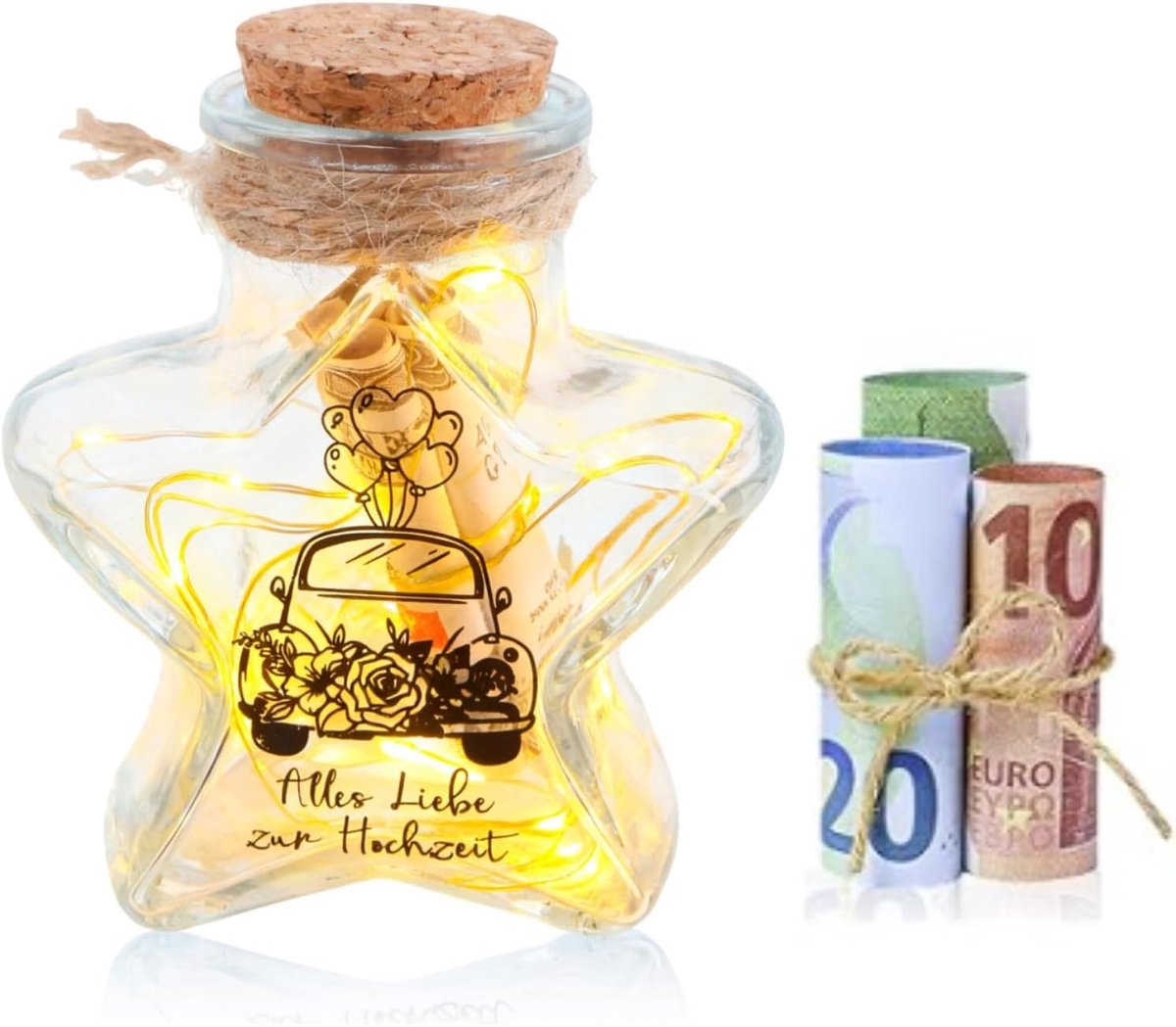 Huwelijkscadeaus voor bruidspaar, geldcadeau, bruiloft, houten huwelijkscadeau, geldgeschenkdoos, inclusief doos, liefdeshart, zelfklevende notities, droogbloemen, lichtketting (D)