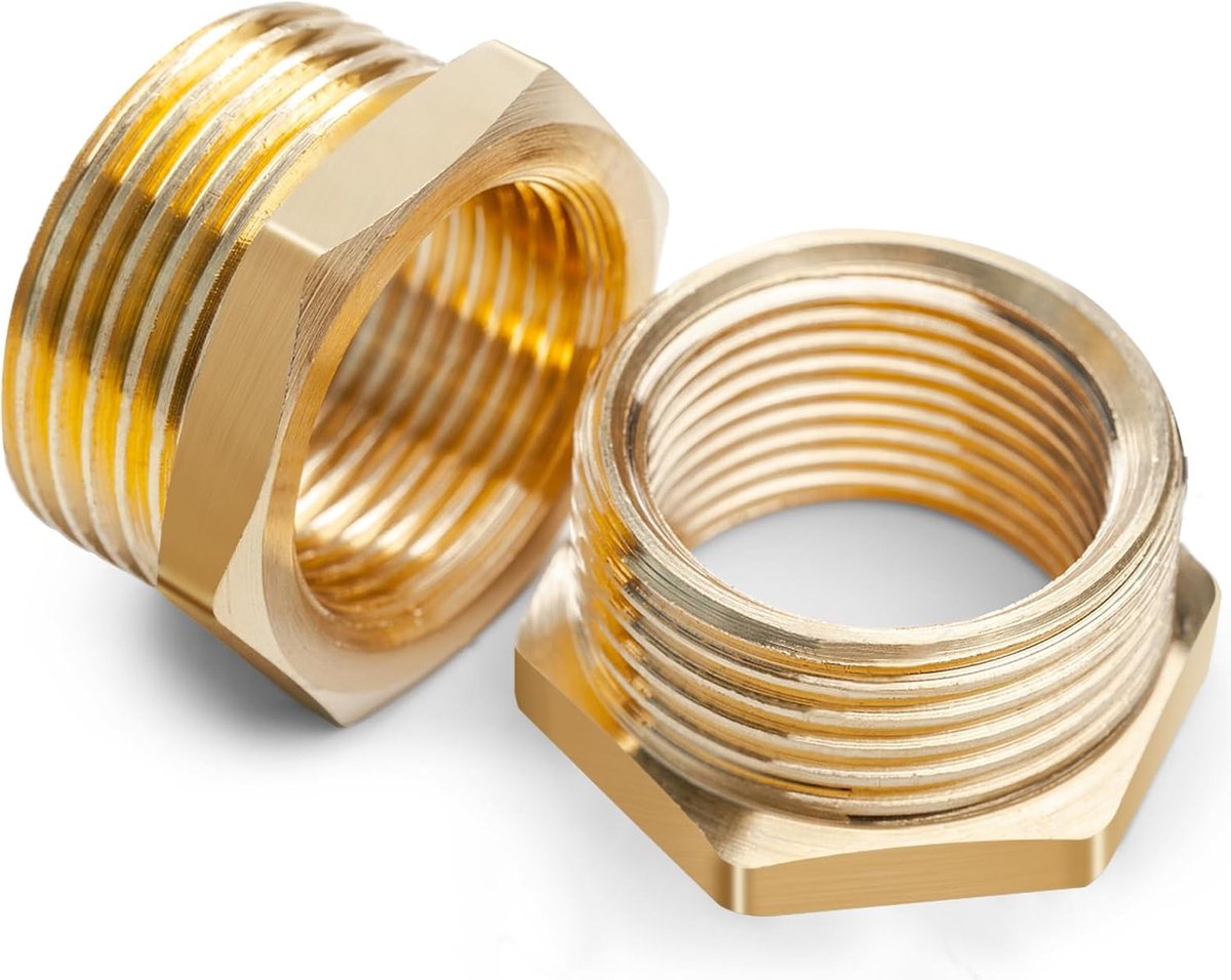 Verloopstuk 3/4 inch naar 1/2 inch adapter 2 stuks, AG Ø 25 mm x IG Ø 20 mm reductie, verloopstuk schroefdraadfitting 3/4 inch buitendraad × 1/2 inch binnendraad voor buisaansluiting