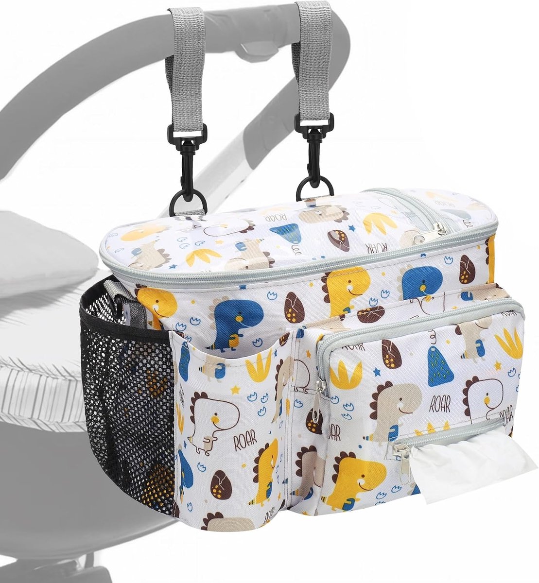Universele organizer voor kinderwagen met bekerhouder, schouderband en ritsvak