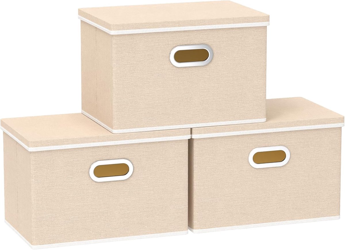 Opbergdozen met Deksel, Opvouwbare Opbergdoos, Stoffen Dozen, Wasbaar, voor Slaapkamer, Kledingopbergvak, 45x30x30cm, Beige, 3-Pak, SNK023BEX-3