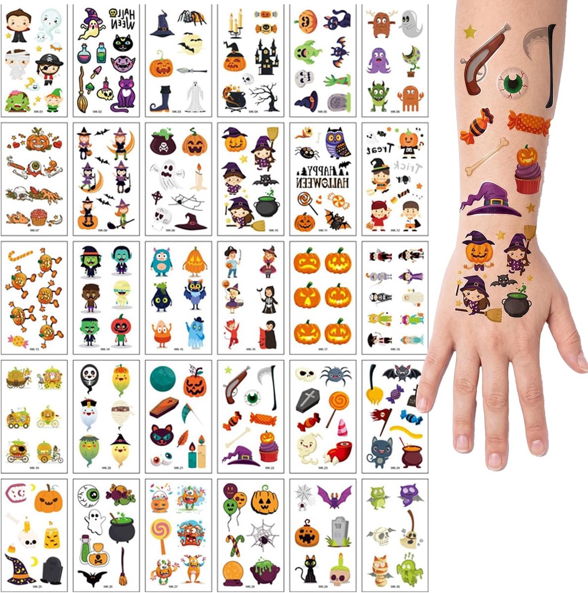 Tijdelijke Halloween-tatoeages, Halloween-stickers, Halloween-tattoos, pompoen, heks, vleermuis, tatoeages, stickers, gezicht voor decoratie, feest, cadeautjes