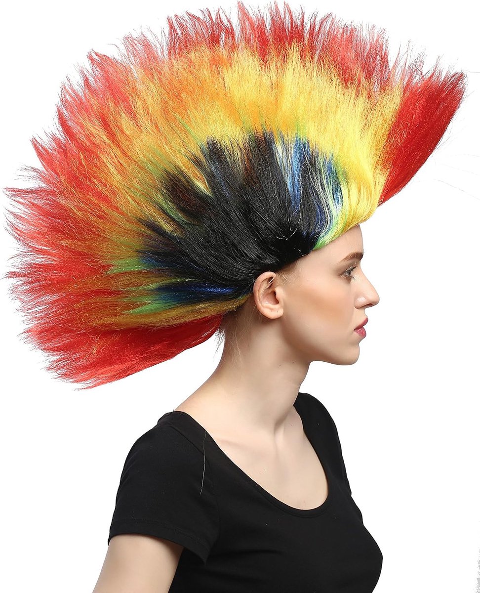 Pruik Carnaval Halloween Kleurrijke Mohawk Jaren 80 Wave Punk Glam Mohawk Rood-Geel-Groen-Blauw-Zwart
