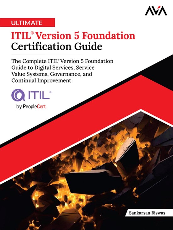 Boekomslag van de Ultimate ITIL Version 5 Foundation Certification Guide, met rode en zwarte accenten en een abstracte afbeelding van exploderende kristallen.