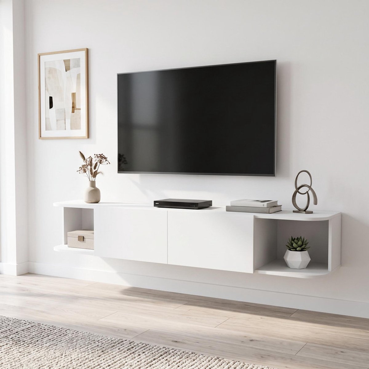 EGGREE Vrijstaand houten tv-meubel voor tv's van 32-65 inch - wandgemonteerd tv-meubel - wit - 180x38,5x30 cm