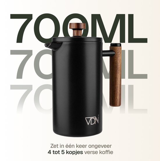 Zwarte VDN koffiezetter, 700 ml, met houten details.