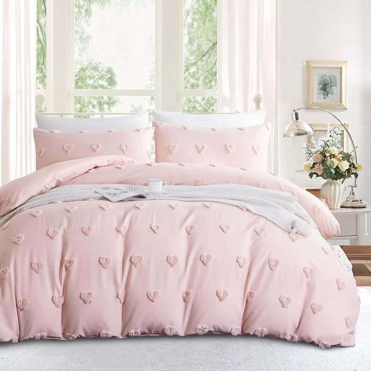 LUCKICE Beddengoed Bohemian beddengoed met getufte hartjes, boho borduursel, shabby chic 135x200 cm