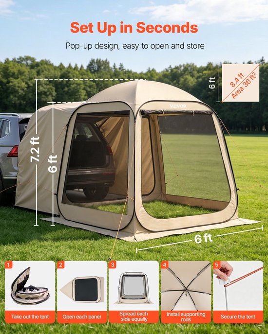 VEVOR Campingtent, 182,88 X 182,88 cm, Pop-Up Tent voor de Achterklep van een SUV, Draagbare Partytent voor 4-6 Personen met Draagtas, Zijwanden van Gaas, voor Kamperen, Tuinieren en Buitenactiviteiten, Beige — afbeelding 3