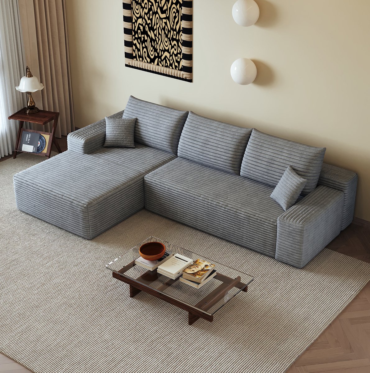 COVREO Hoekbank met chaise longue – 270x175x83 cm – Modulaire bank zonder montage – 3-zits sofa met diepe zitting – Grijs