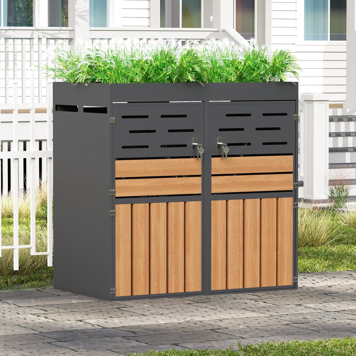 MEUNIQ Containerberging met geïntegreerde plantenbak 133 x 80 x 128 cm – 2 aparte vakken, lamellenventilatie, afsluitbaar, verzinkt stalen frame, grijs