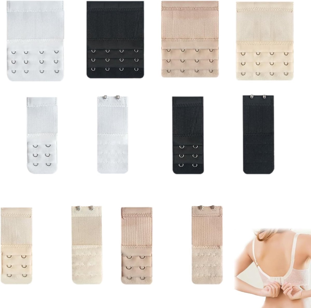 Set van 12 Bh Verlengstukken – Verstelbare Bh Band Extenders in Wit, Beige, Huidkleur en Zwart – Comfortabel voor Zwangerschap en Gewichtstoename