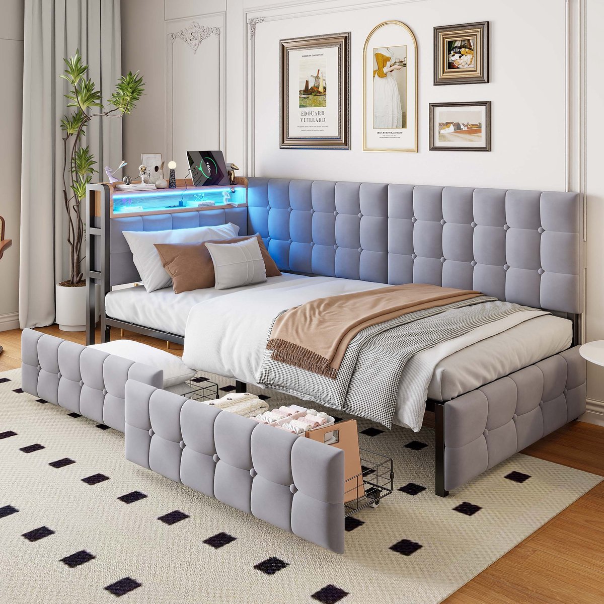 Sweiko Bed - Slaapbank - 90 x 200 cm - 2 lades - LED-verlichting - USB/Type-C - Lichtgrijs