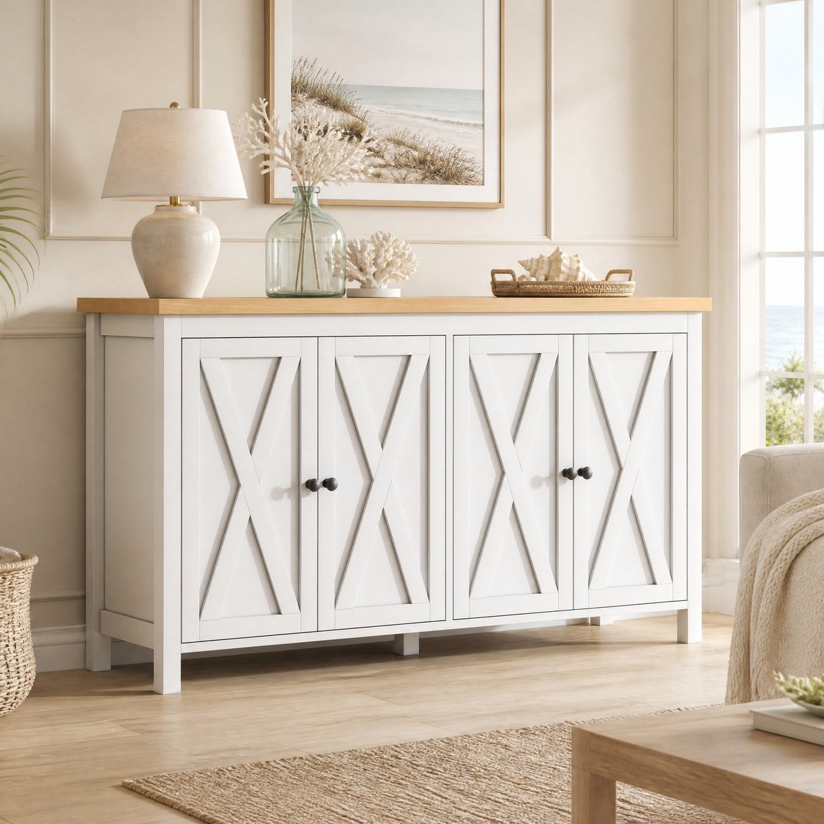 MEUNIQ Wit dressoir 140 x 40 x 78 cm met 4 deuren, 2 verstelbare legplanken, 4 opbergvakken en houtkleurig blad voor woonkamer, keuken of hal
