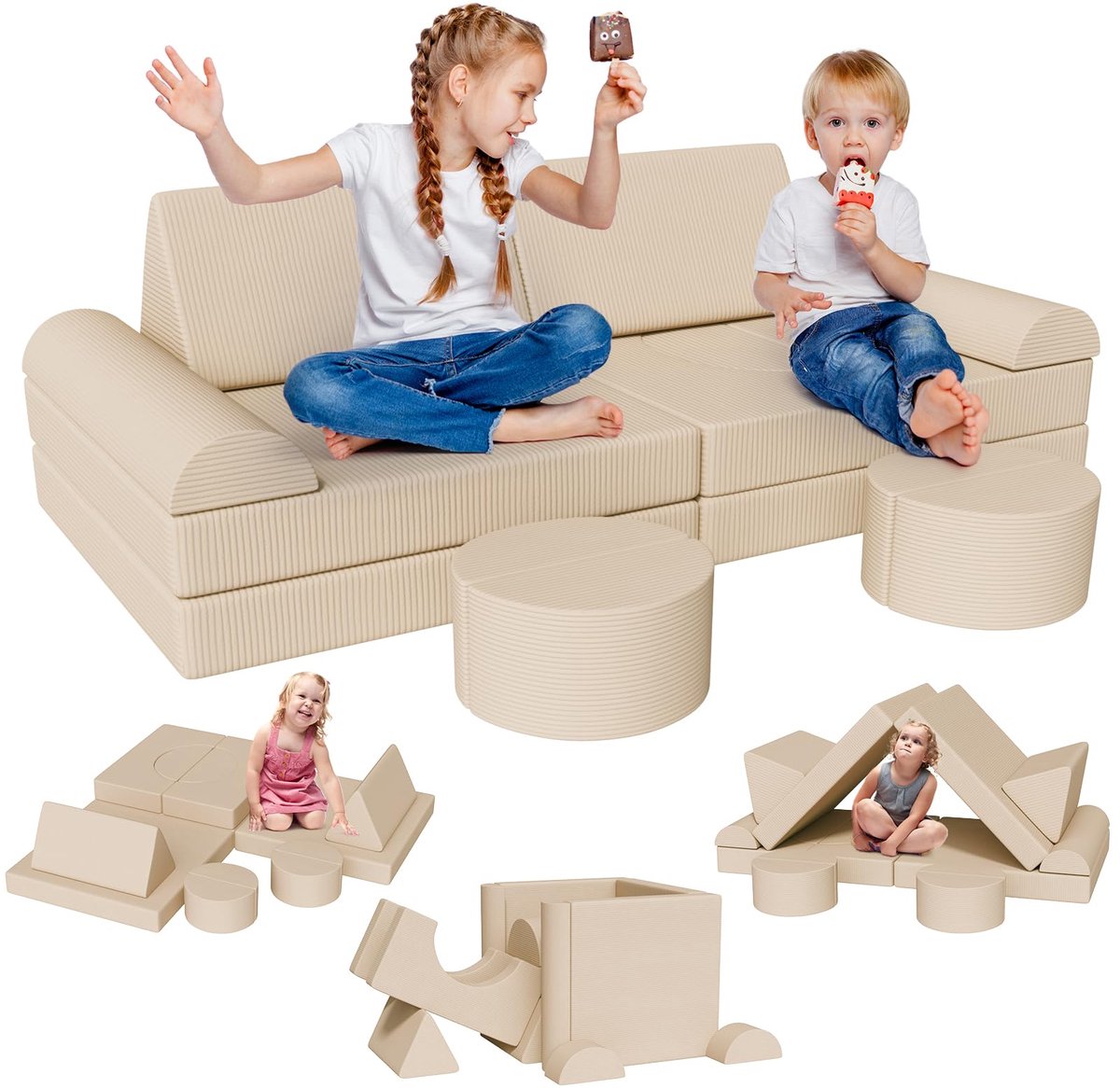MAMIZO Speelbank voor kinderen - 15-Delige Modulaire - Multi-Stijl - knuffelig corduroy - Beige