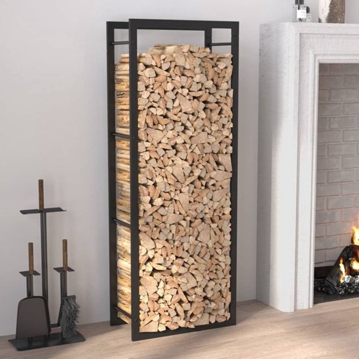 Brandhoutrek - Houtopslag - 50x28x132cm( BxHxD) - Zwart - Staal - Haardhout opslag – Haardhoutrek - Binnen en buiten