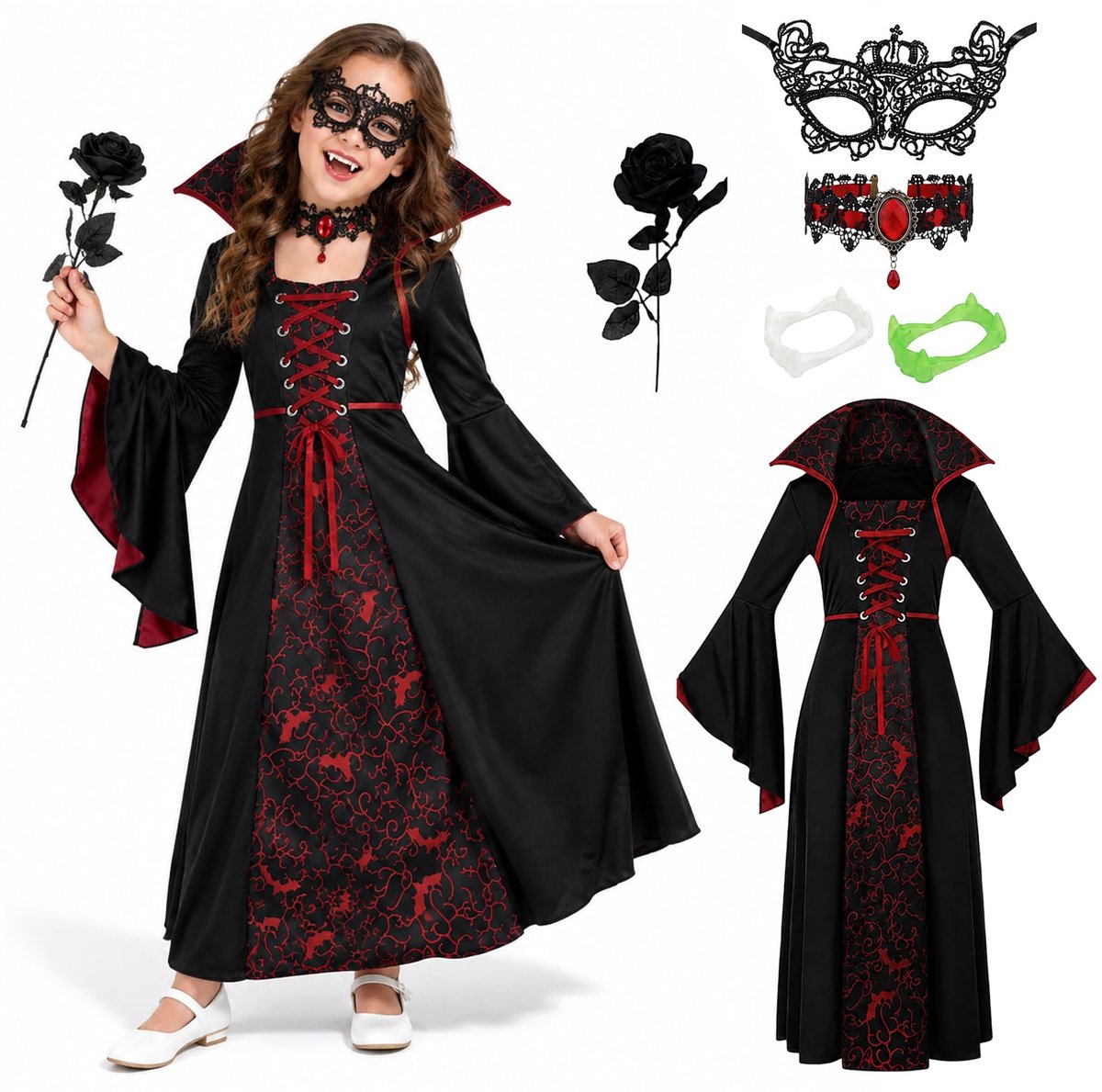 vampierkostuum meisjes - met masker en halsketting - gothische stijl - ideaal voor Halloween - ShopVlot