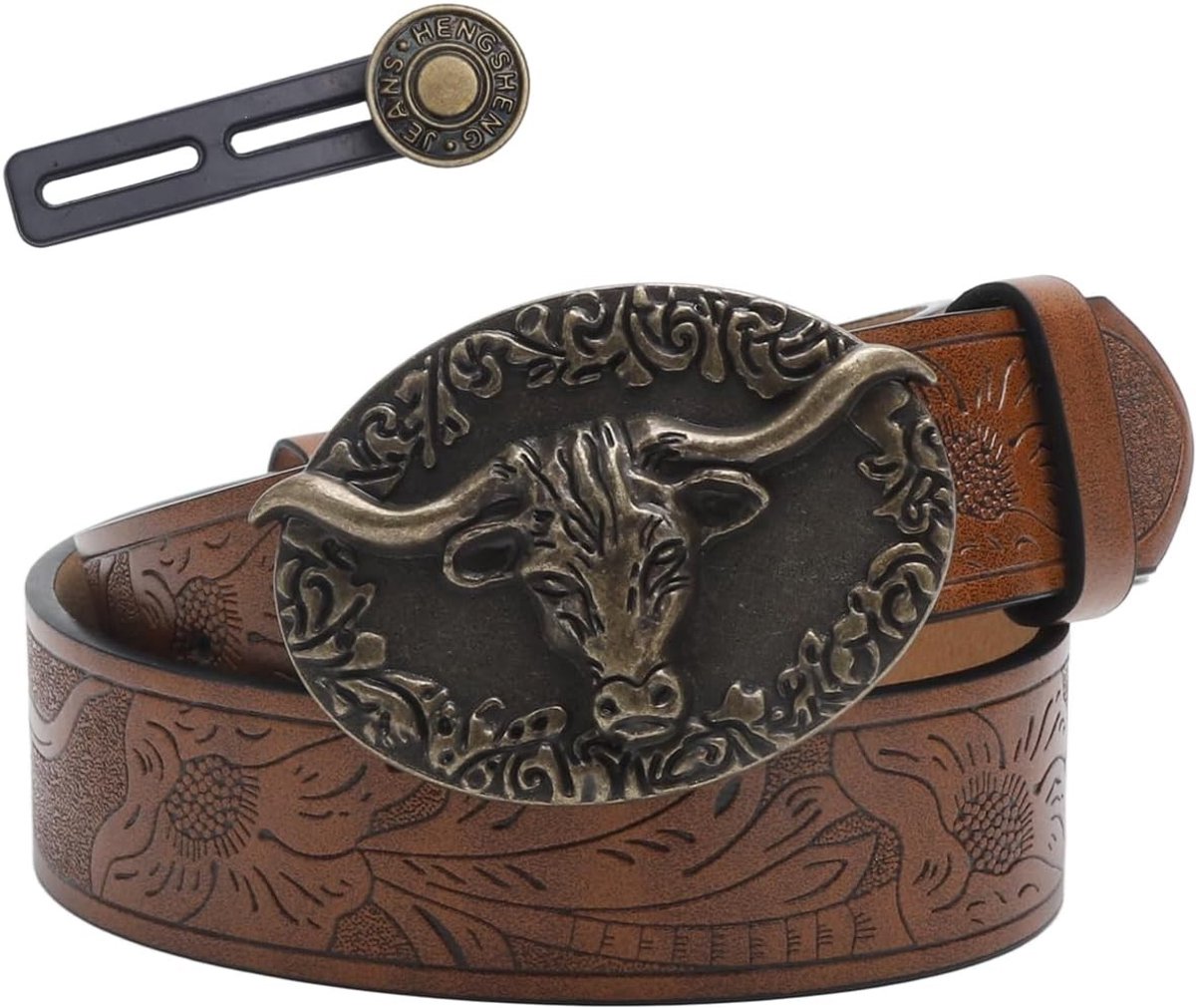 Leren Cowboyriem voor Mannen en Vrouwen - Westernstijl met Lange Hoorn Stalen Gesp, Bloemenpatroon, Perfect voor Jeans en Feestjes (47 Inch Lang)