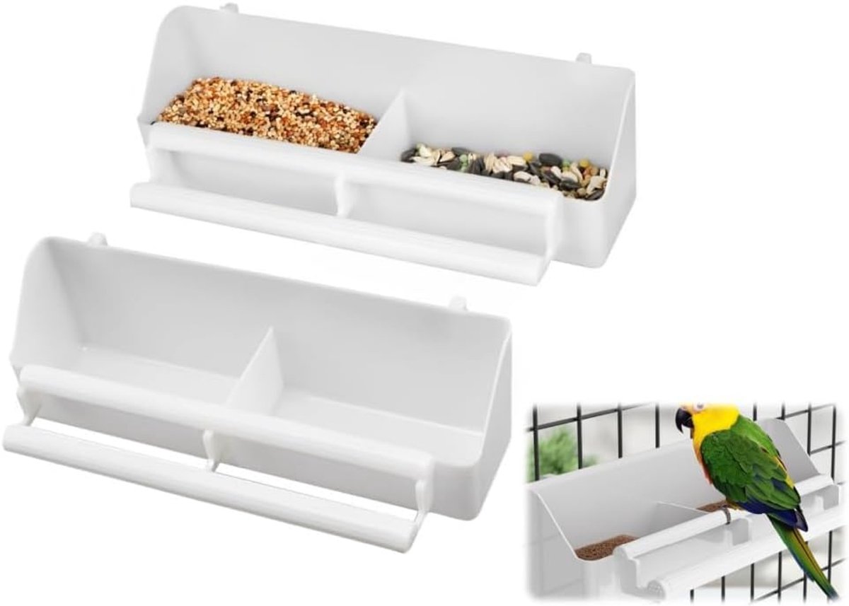 2 stuks vogelvoederbak, waterbak om op te hangen, kunststof vogelbak, vogelkooi, voerdispenser voor papegaaien, wilde vogels, vogelkooi-accessoires