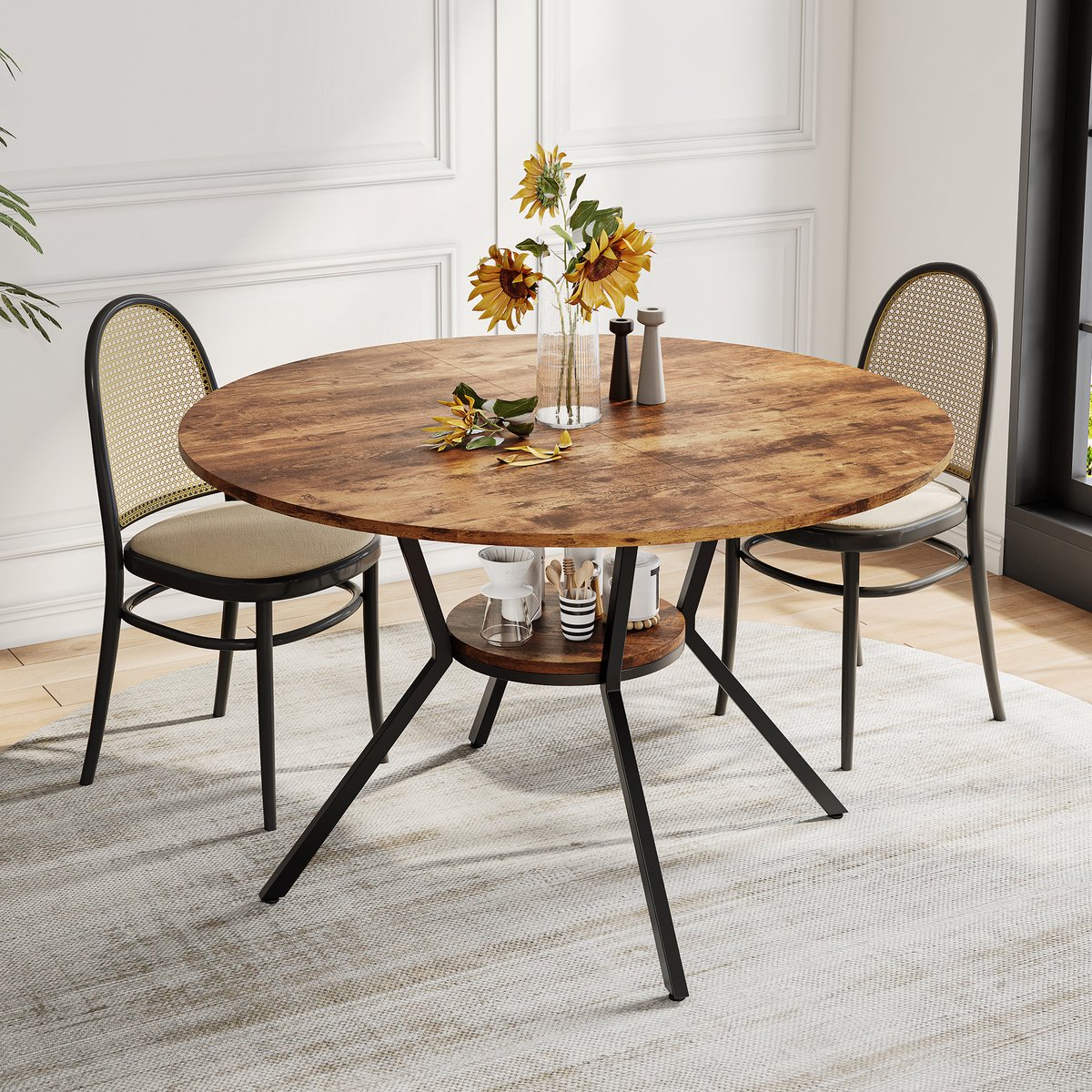 Solvenrik Ronde Eettafel Ø120 cm – Walnootlook Tafelblad met Zwarte Metalen Poten – Eettafel met Onderplank – 79 cm Hoog Bruin