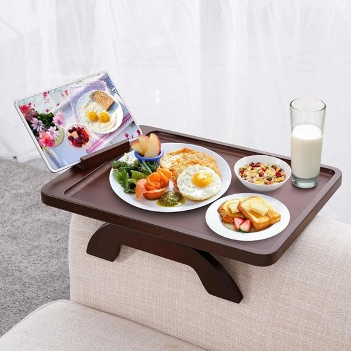 Bamboe Bank Armleuning Tafel met 360° Telefoonhouder en Zijvak