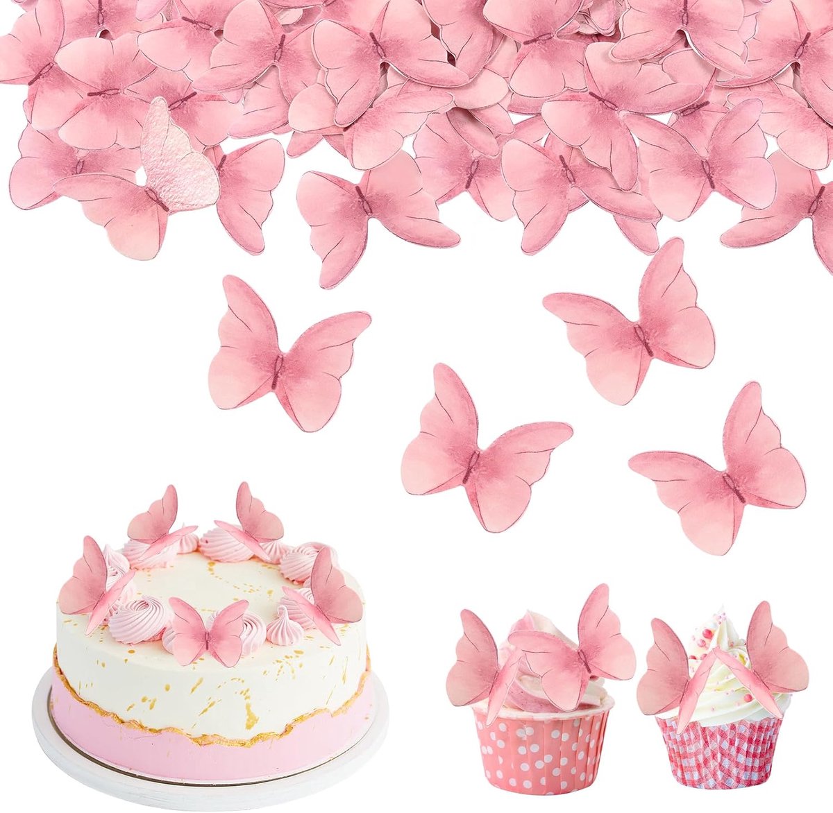 48 stuks roze vlindertaartdecoraties