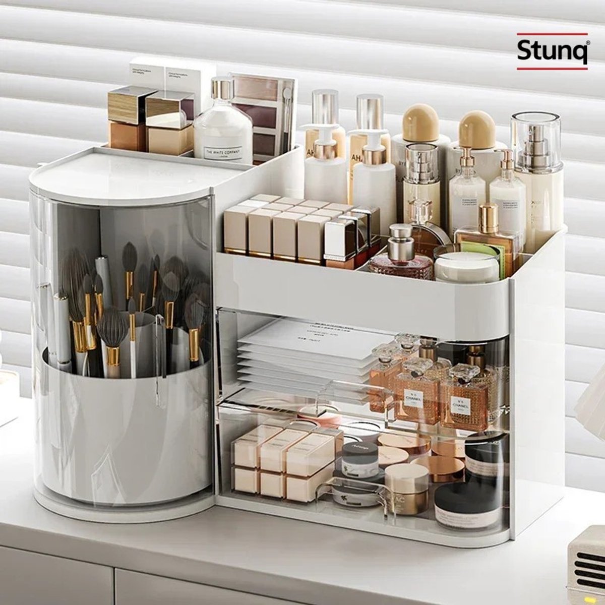Stunq® Cosmetica Opbergdoos Groot Wit/Crème met Draaibare Kwastenhouder en Lades