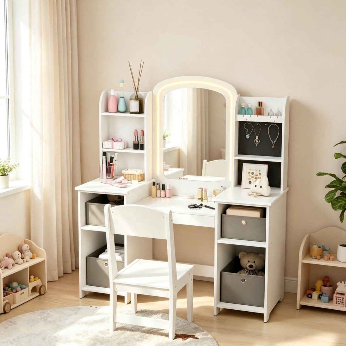 Kinderkaptafel met Stoel - LED Spiegel en Opbergruimte - Verkleedspel voor Kinderen vanaf 3 Jaar - MDF - 104x40x112 cm - Wit