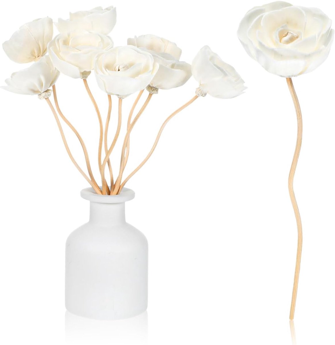 8 stuks diffuserstaafjes met bloemen van sola-hout, rotan geurstokjes, vervangingsset voor etherische oliën, handgemaakte aromatherapiebloemen voor kamergeur en decoratie, wit