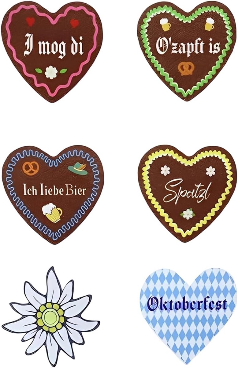 6 stuks Oktoberfest Anstecknadel Pin, Anstecknadel Hart, Peperkoekharten Design Pin Oktoberfest Deco Accessoires Dames Heren
