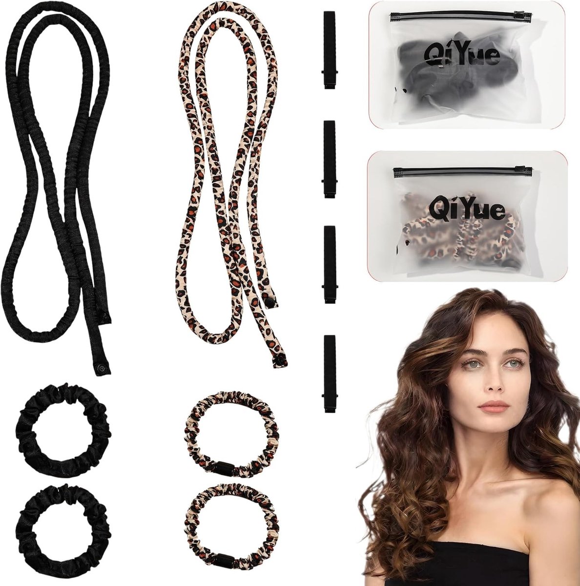 Heatless curls - Zwart + Koffie luipaardpatroon - Krulband en accessoires voor dun haar - Polyester - Voor gebruik 's nachts