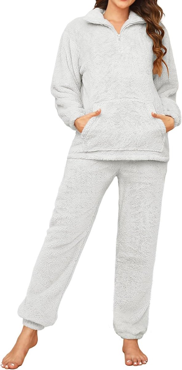 Pyjama voor dames, pluizige pyjamasets met rits, pluche loungekleding, winterfleece, nachtkleding, warme sherpa-shirt en broek met zakken