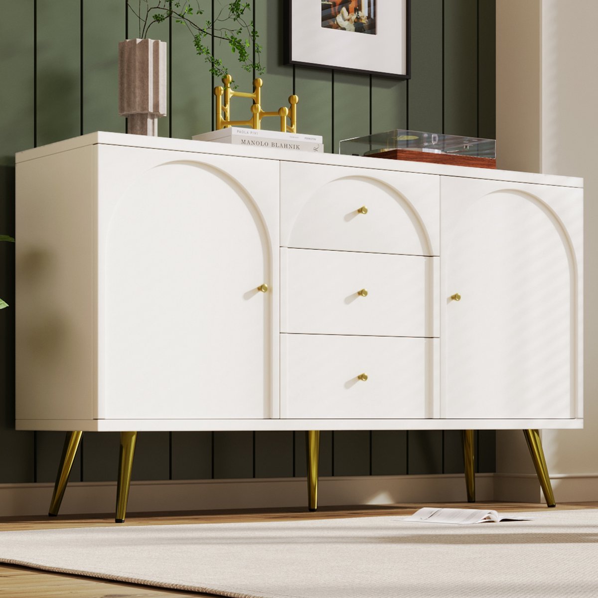 MEUNIQ dressoir met 2 deuren en 3 laden, verstelbare plank en metalen poten, 140 x 40 x 84 cm, crème-wit voor woonkamer of slaapkamer