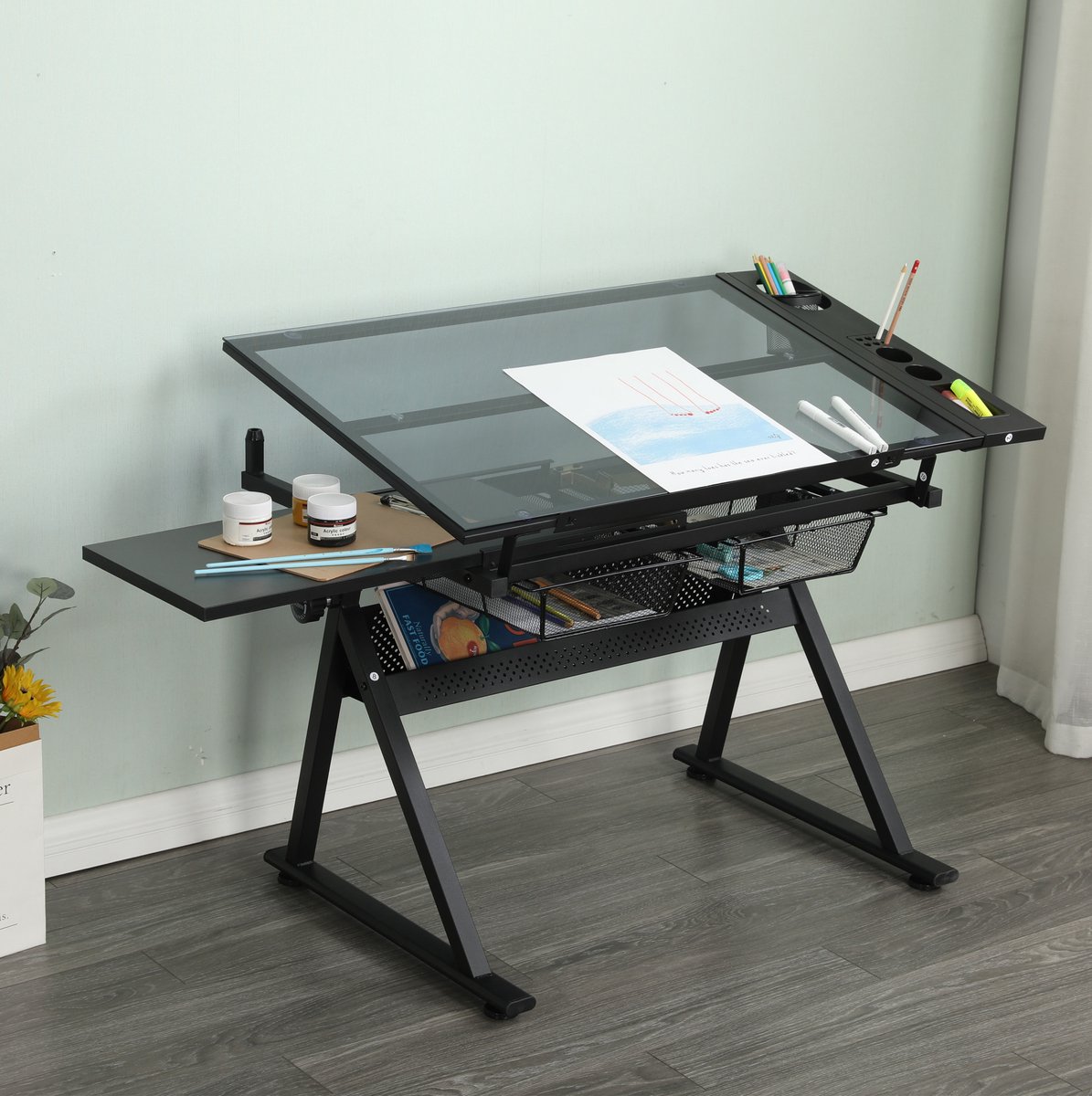 MEUNIQ Verstelbare tekentafel met 5 mm glazen kantelbaar tafelblad, 2 metalen lades, zijopberging en kruk voor werkkamer, zwart