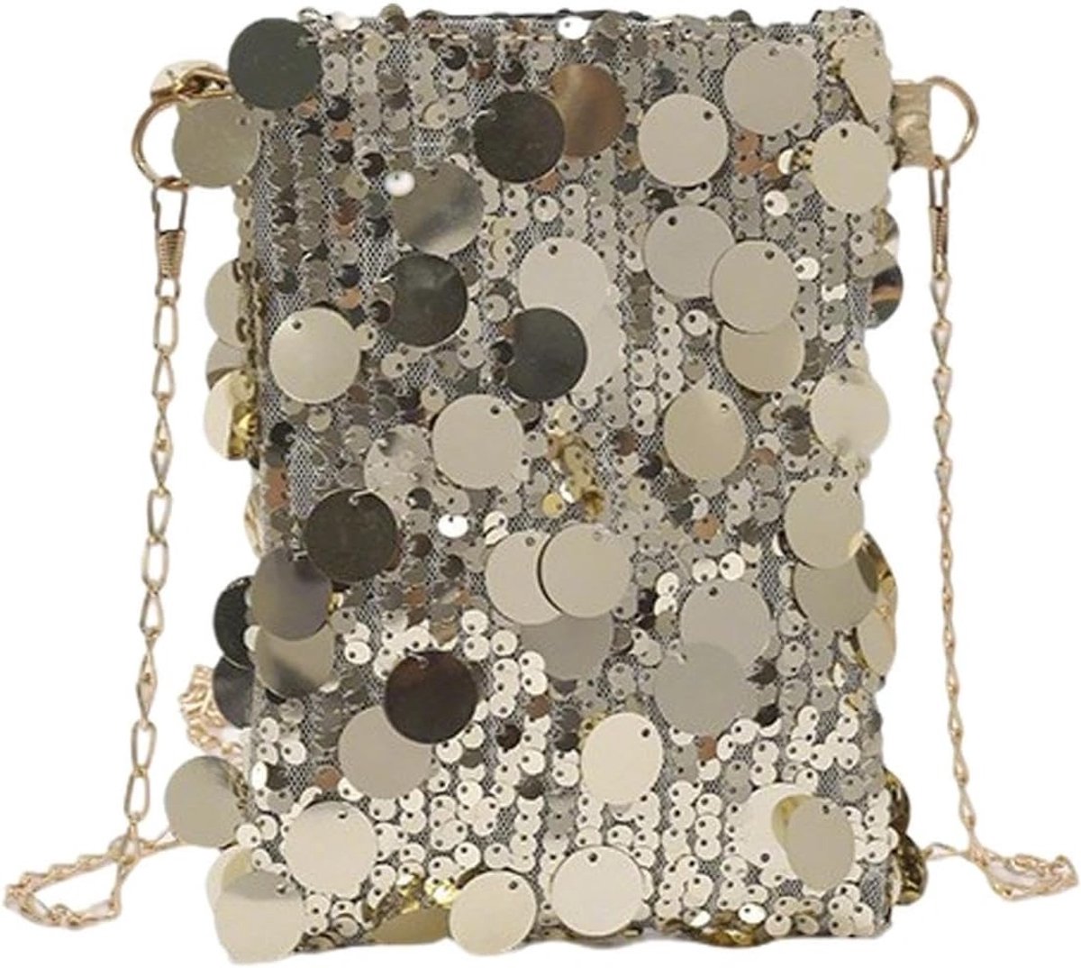 Mini Schoudertas Clutch met Pailletten in Champagnekleur - Kleine Handtas voor Telefoon, Avonduitstapjes en Reizen (18 x 13 x 2 cm)