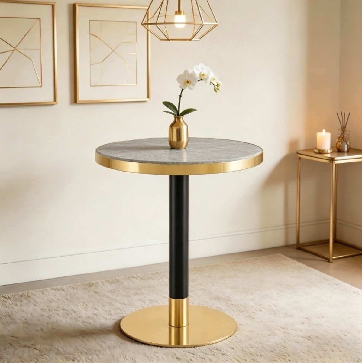 MODFU Bijzettafel - Rond Marmereffect - Modern - MDF Metaal - Grijs Zwart Goud - Ø 60 X 73,7 Cm