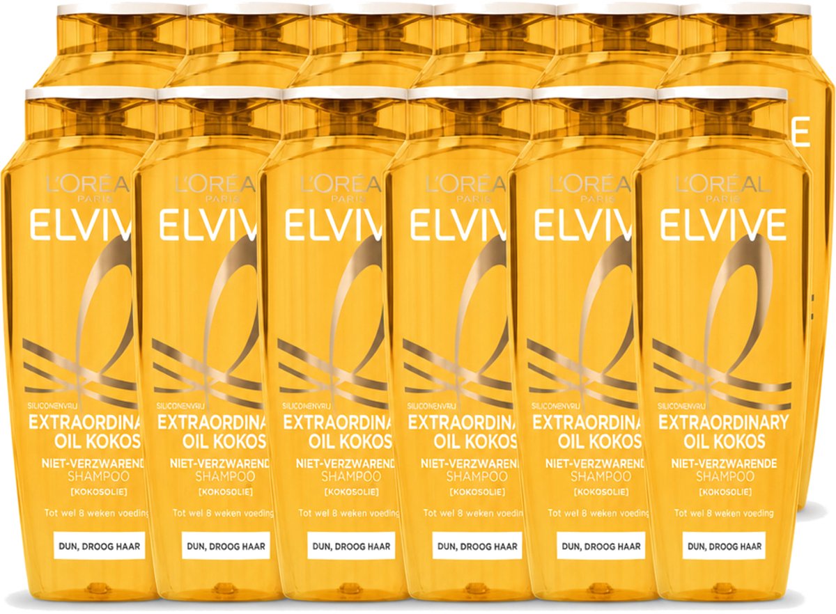12 x L’Oréal Paris Elvive – Shampoo – Extraordinary Oil Kokos – Dun & Droog Haar – 250 ml - Voordeelverpakking - 12 stuks