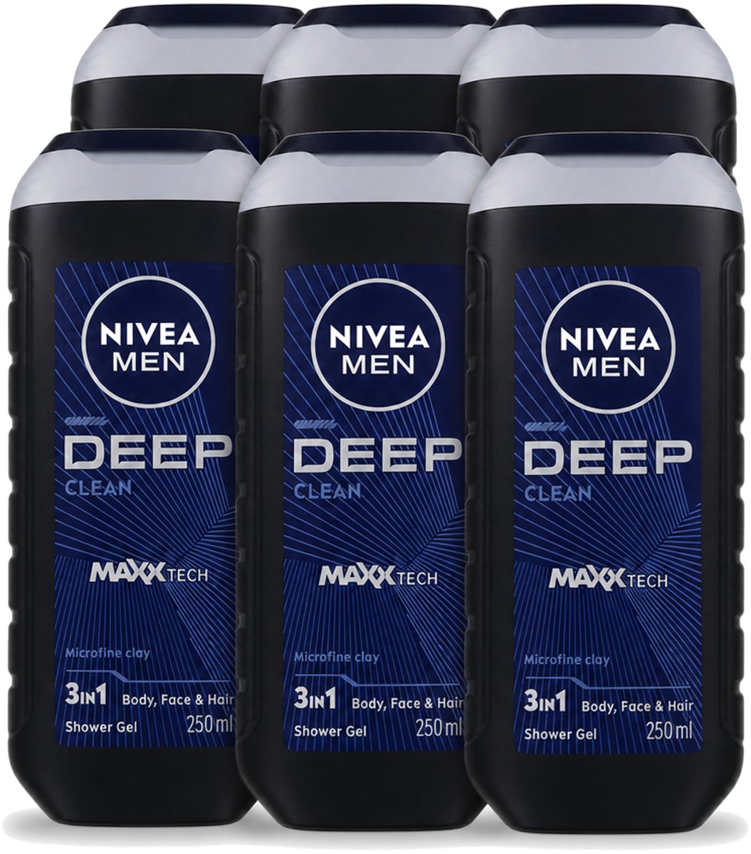 6 x Nivea Men – Douchegel – Deep Clean – 250 ml - Voordeelverpakking - 6 stuks