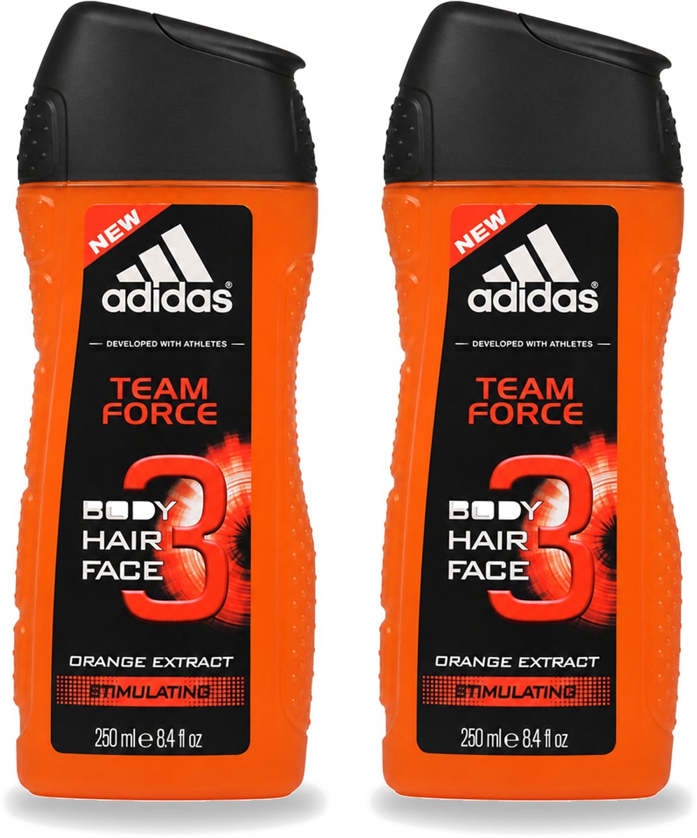 2 x Adidas - 3-in-1 Douchegel - Team Force - Sinaasappel Extract - Stimulating - 250 ml - Voordeelverpakking - 2 stuks