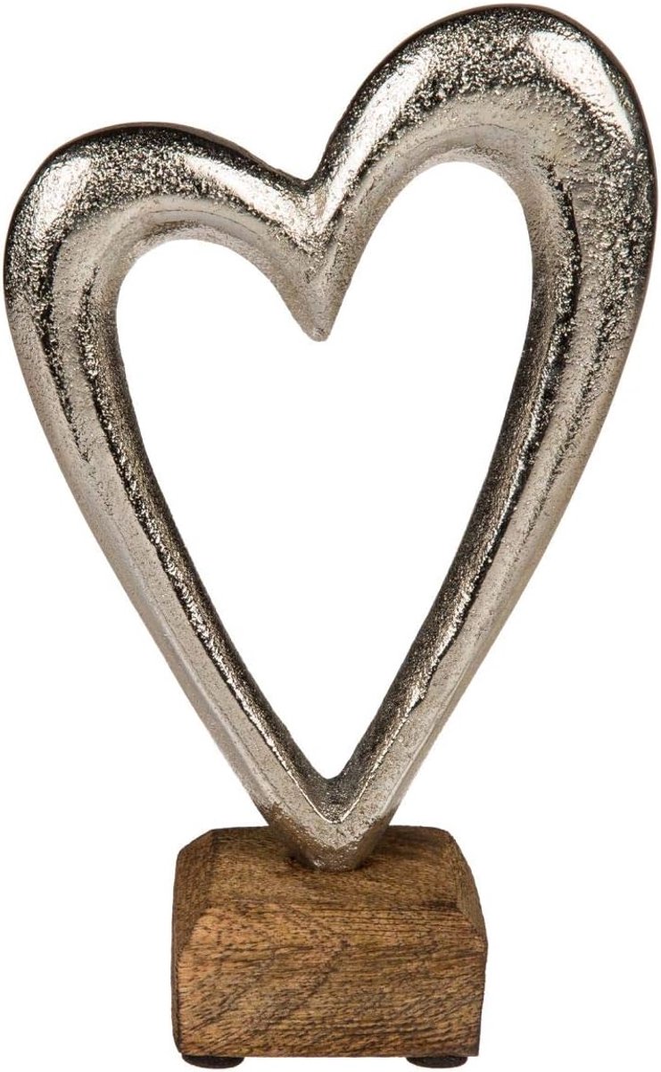 Metalen Hart Op Houten Basis, Zilver, 17cm