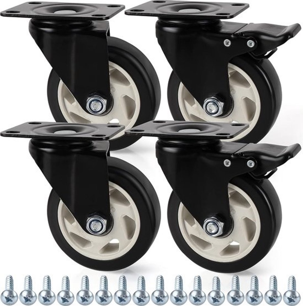 Zware Kwaliteit Zwarte Swivel Zwenkwielen 100mm - Met Remmen & Metalen Platen - Maximale Capaciteit 320 kg - Voor Trolleys, Meubels & Werkbanken