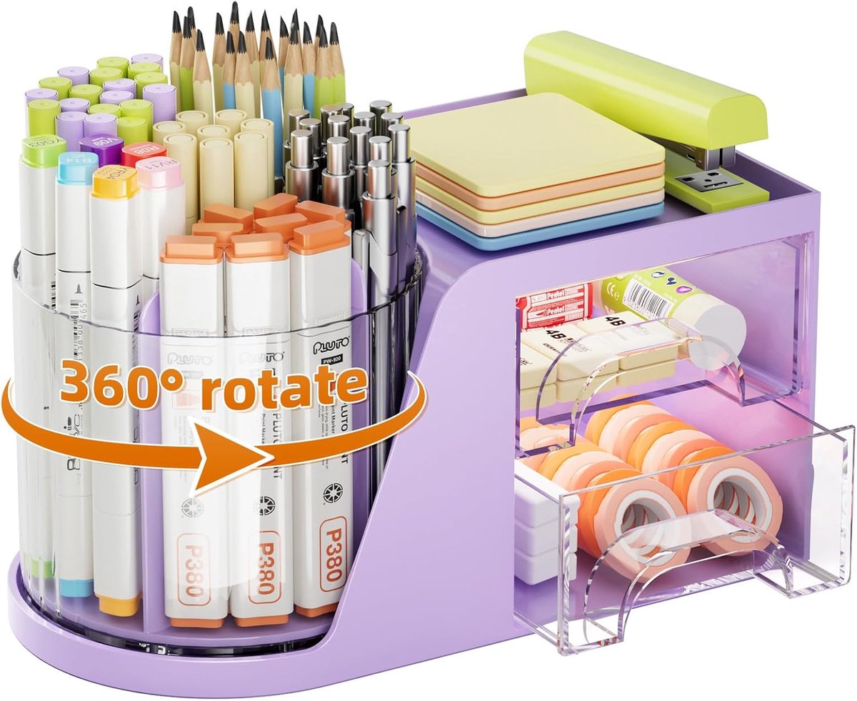 Bureau Organizer,360 Graden Draaibare Pennenhouder,Bureauorganisatoren Accessoires Met 5 Compartimenten Potloodorganizer,Kunstbenodigdheden Opbergdoos Voor Thuiskantoor (Paars)