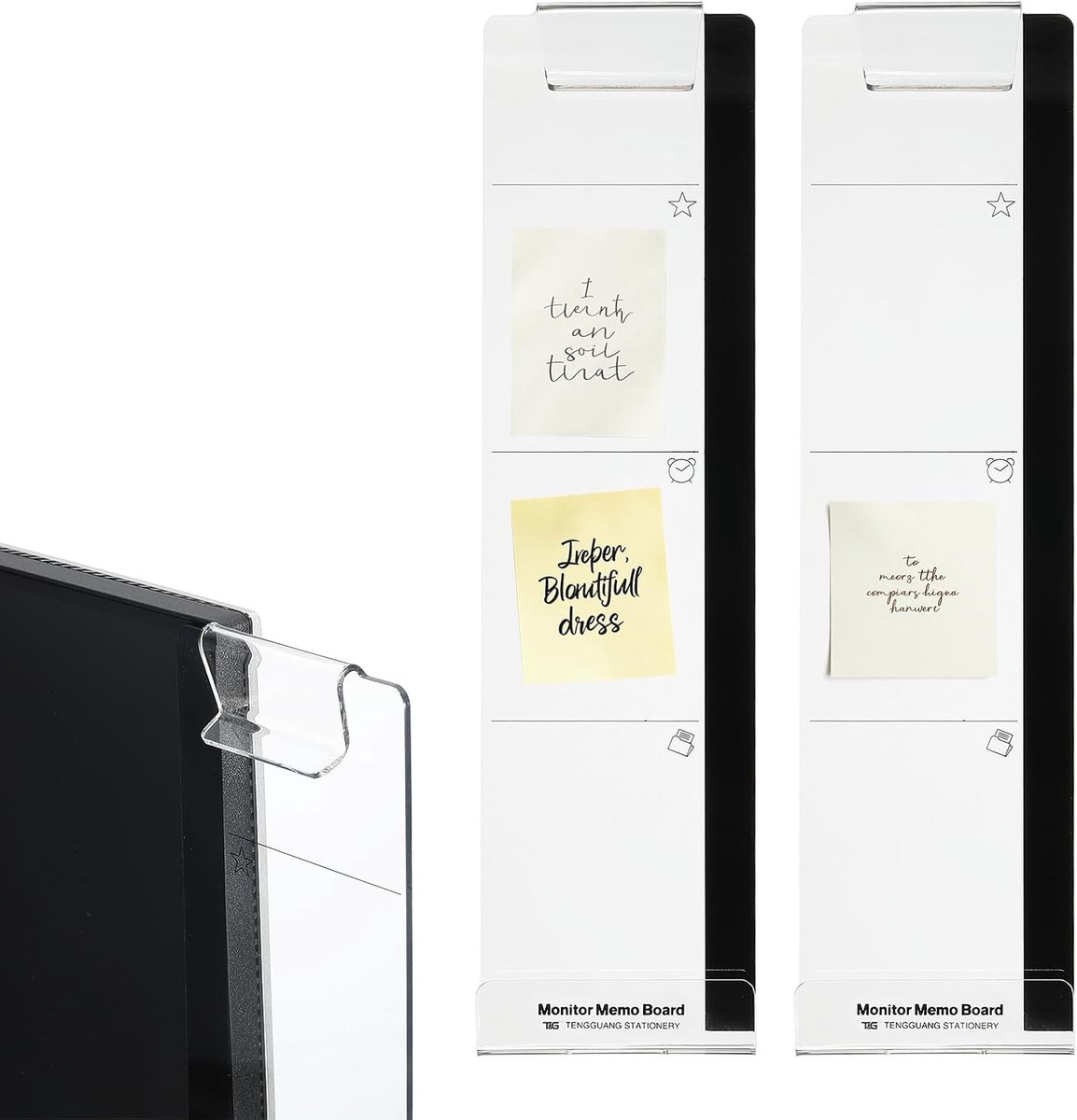 Monitor Memo Board, Transparant, Zwart Links met Telefoonhouder, Zelfklevende Sticky Note Houder Side Note Attachment Computer Accessoires voor Thuiskantoor Computer, 2 Stuks