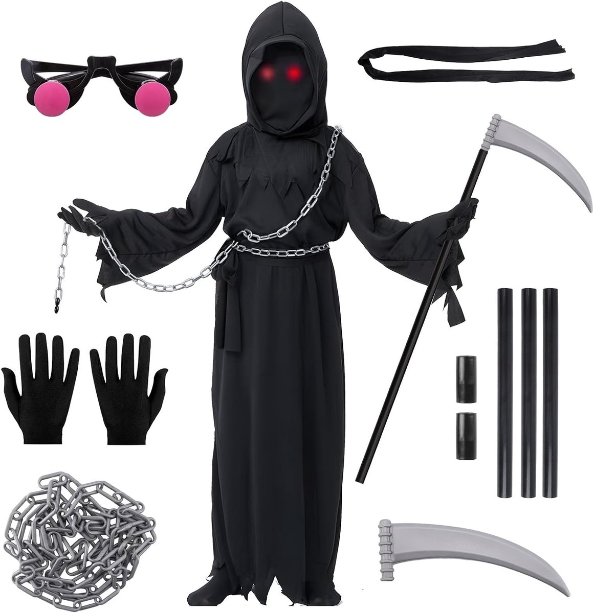Halloweenkostuum voor kinderen, Magere Man, Halloweenkostuum voor jongens en meisjes, kostuum, Magere Man, inclusief masker, Halloween, kinderen, Scythe Sensenmann cape met capuchon, rood licht,