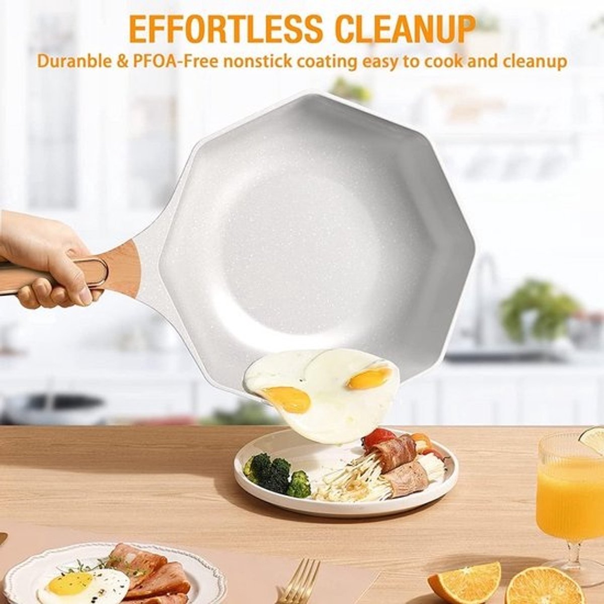12,6 inch keramische achthoekige wok met glazen deksel - antiaanbak, vaatwasmachinebestendig, PFOA-vrij