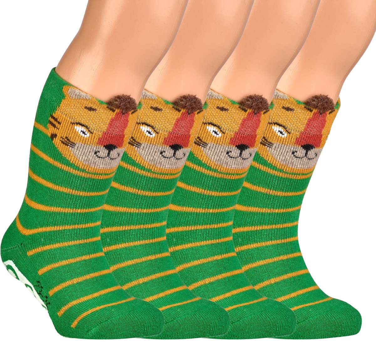 2 Paar - Antislip Kindersokken - Rubberen Zool - Socks4fun - Tijger - Groen