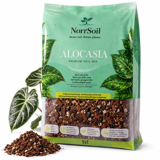 NorrSoil Alocasia premium potgrond zak van 5 liter met bladeren print. De zak bevat potgrond.