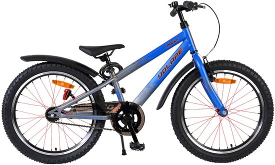 Blauwe kinderfiets met grijze accenten, 20 inch wielen met rode spaken.