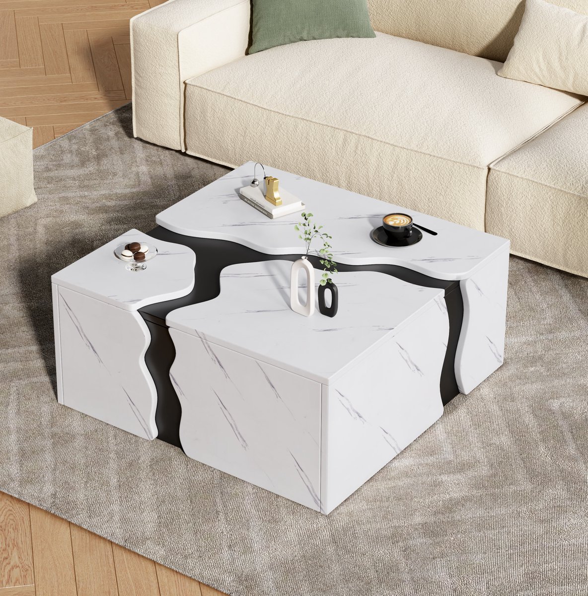 MEUNIQ Salontafel 70 x 70 x 31 cm – vierkante koffietafel met marmerlook, 1 lade met veermechanisme en ruime tafelplaat voor woonkamer – Wit