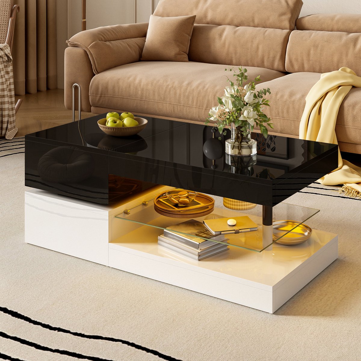 MEUNIQ Salontafel 90 x 45 x 35,5 cm met LED-verlichting, app- en Bluetooth-bediening, glazen legplank en hoogglans zwart-wit voor woonkamer